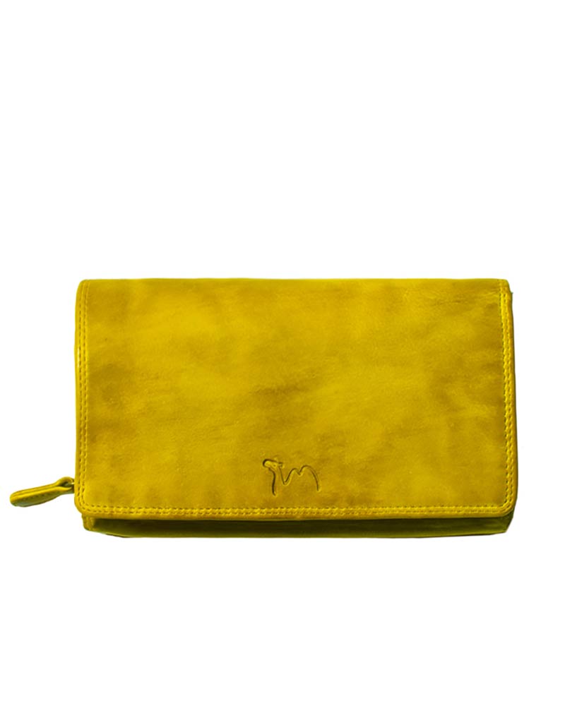 Γυναικείο δερμάτινο πορτοφόλι χειροποίητο με κουμπί κίτρινο